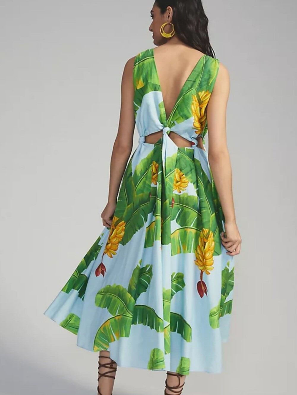 FARM Rio Banana Cut-Out Linen Blend V Neck Midi Dress Women's M - Picture 2 of 13